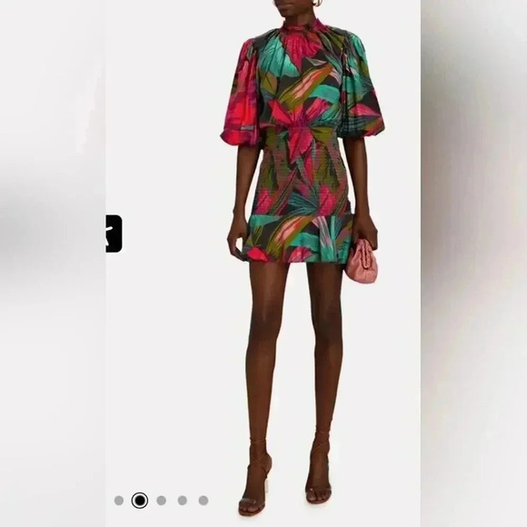 FARM RIOMidnight Leaves Puff Sleeve Mini Dress Size M - Picture 4 of 10